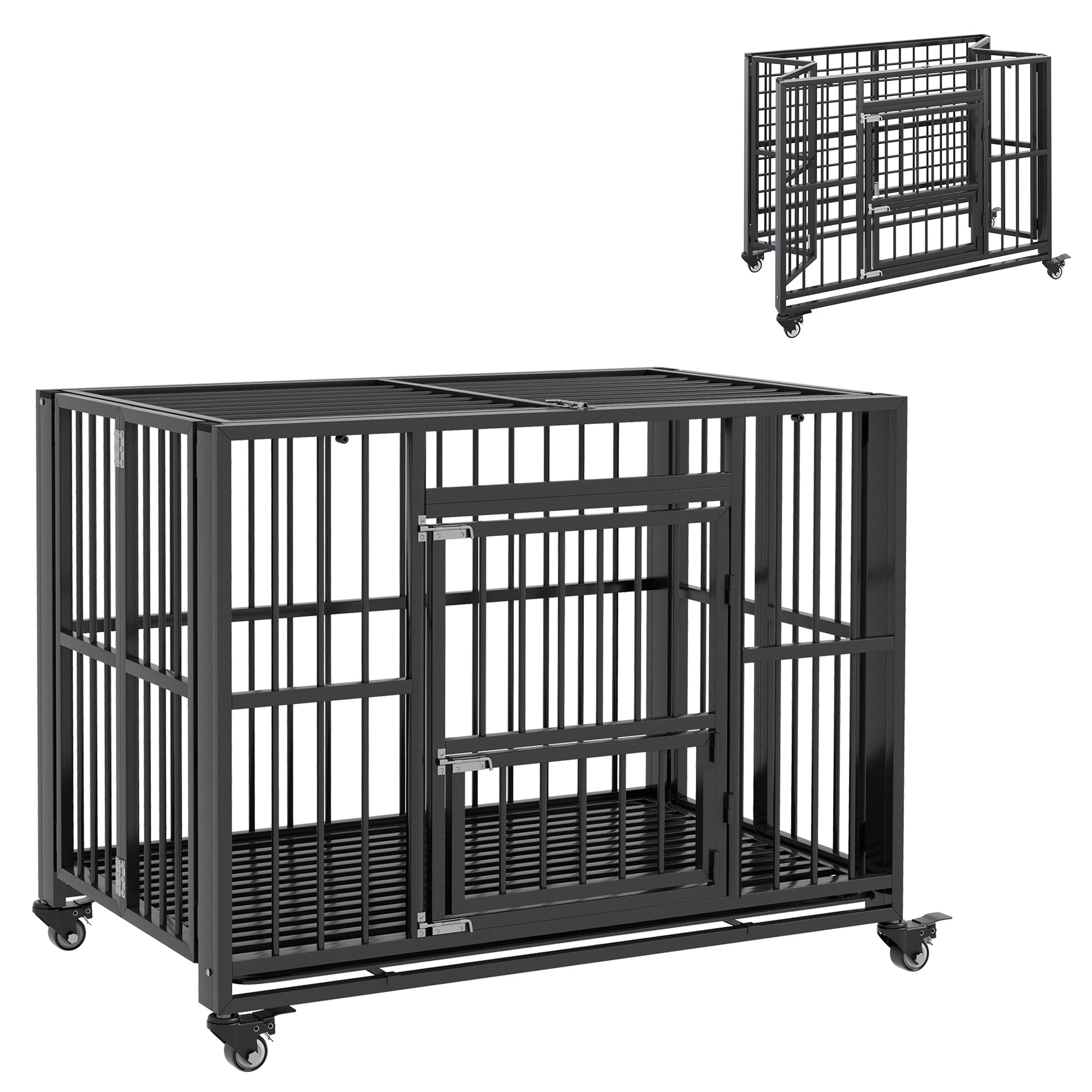Photo of PawHut 43" Heavy Duty Dog Crate, Foldable Dog Cage, with Openable Top, Locks, Removable Tray, Wheels - Black in Black colour on a white background