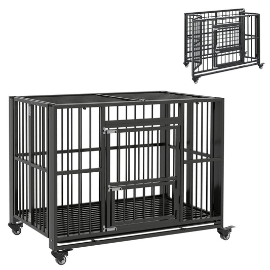 Photo of PawHut 43" Heavy Duty Dog Crate, Foldable Dog Cage, with Openable Top, Locks, Removable Tray, Wheels - Black in Black colour on a white background