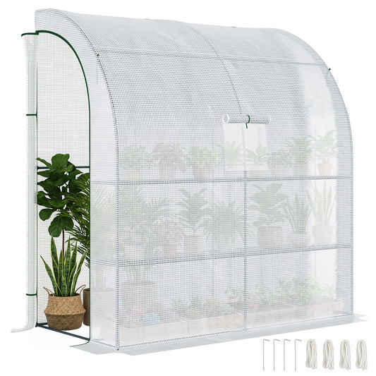 Photo of Outsunny Walk-In Lean to Wall Greenhouse with Windows and Doors, Outdoor Green House with 3 Tiers 4 Wired Shelves, 200L x 100W x 215Hcm, White in White colour on a white background