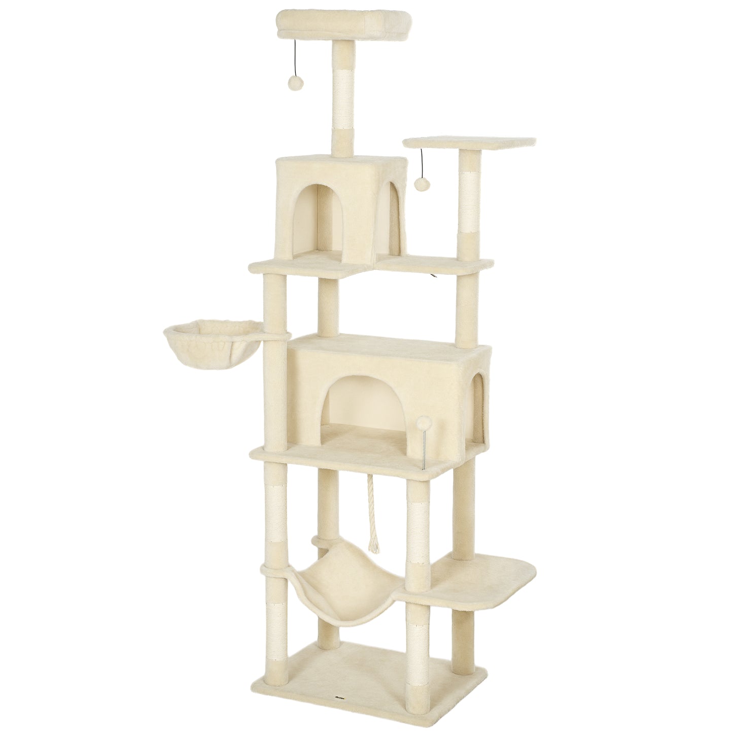 Photo of PawHut 202cm Cat Tree with 6 Scratching Posts, 2 Hammocks, 2 Condos, 2 Perches, Pompoms, for Cats to Rest and Play, Beige in Beige colour on a white background