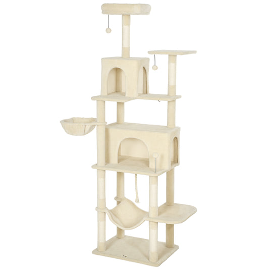 Photo of PawHut 202cm Cat Tree with 6 Scratching Posts, 2 Hammocks, 2 Condos, 2 Perches, Pompoms, for Cats to Rest and Play, Beige in Beige colour on a white background