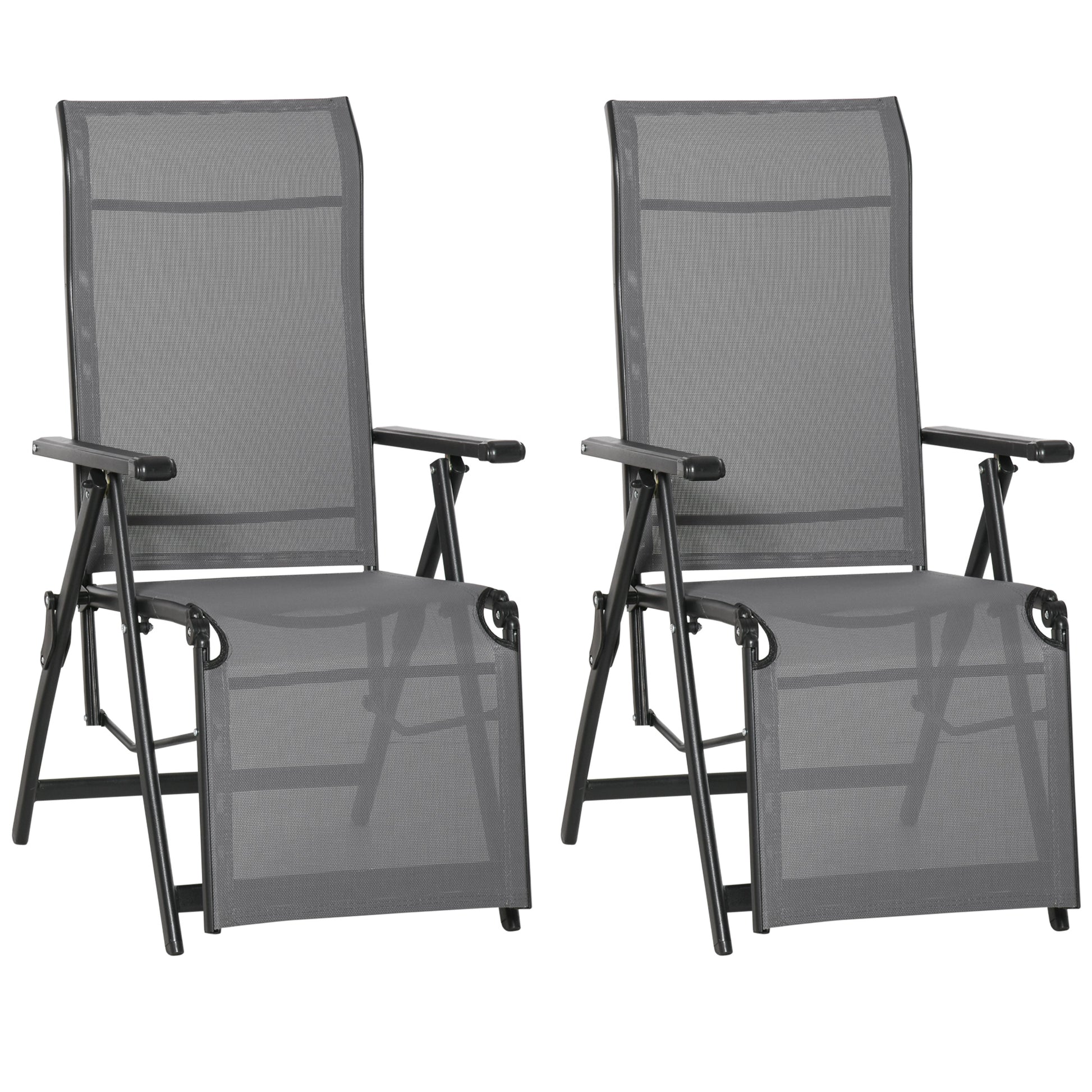 Photo of Outsunny Set of 2 Outdoor Sun Lounger 10-Position Adjustable Texteline Folding Reclining Chairs with Footrest for Patio Garden, Grey in Grey colour on a white background