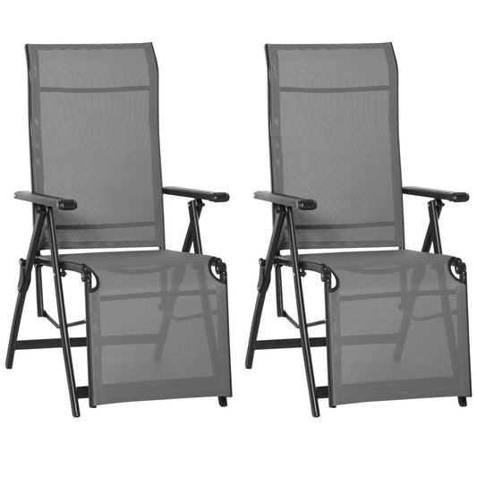 Photo of Outsunny Set of 2 Outdoor Sun Lounger 10-Position Adjustable Texteline Folding Reclining Chairs with Footrest for Patio Garden, Grey in Grey colour on a white background