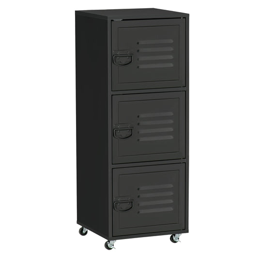 Photo of HOMCOM Rolling Storage Cabinet 3-Tier Mobile File Cabinet with Wheels & Metal Doors for Home Office, Living Room, Black in Black colour on a white background