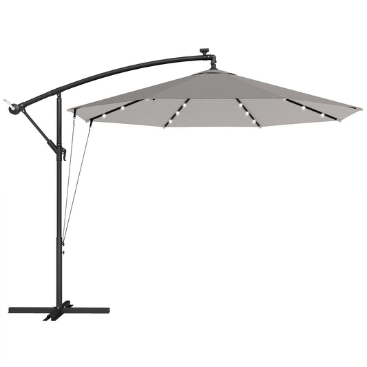 Photo of Outsunny 3 m Cantilever Parasol with Solar LED Lights Garden Umbrella with Cross Base, Light Grey in Grey colour on a white background