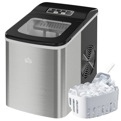 HOMCOM ice maker with ice basket and scoop, stainless steel body and black lid