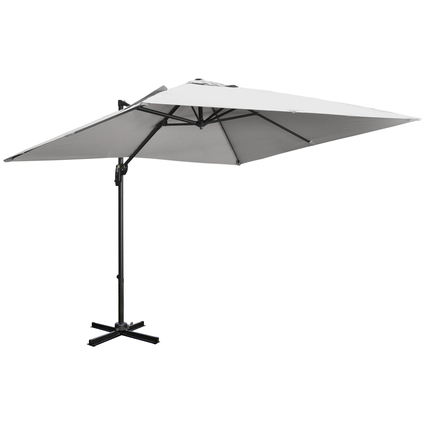 Photo of Outsunny 2.7 x 2.7 m Cantilever Parasol, Square Overhanging Umbrella with Cross Base, Crank Handle, Tilt, 360° Rotation and Aluminium Frame, Grey in Grey colour on a white background