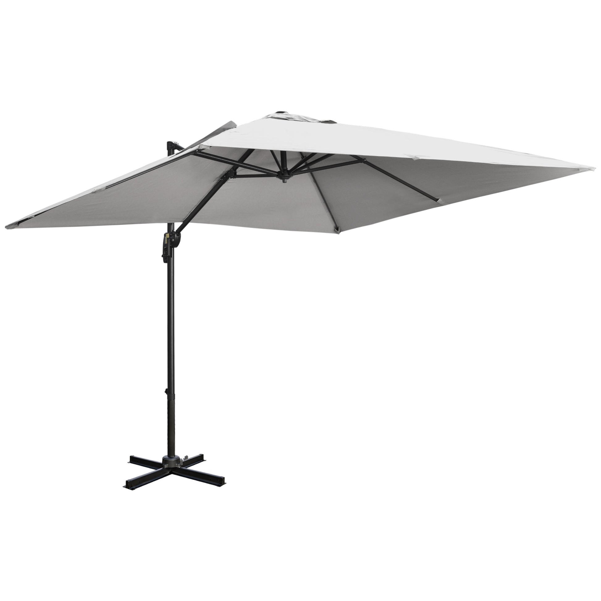 Photo of Outsunny 2.7 x 2.7 m Cantilever Parasol, Square Overhanging Umbrella with Cross Base, Crank Handle, Tilt, 360° Rotation and Aluminium Frame, Grey in Grey colour on a white background