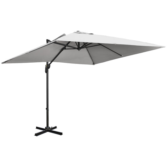 Photo of Outsunny 2.7 x 2.7 m Cantilever Parasol, Square Overhanging Umbrella with Cross Base, Crank Handle, Tilt, 360° Rotation and Aluminium Frame, Grey in Grey colour on a white background