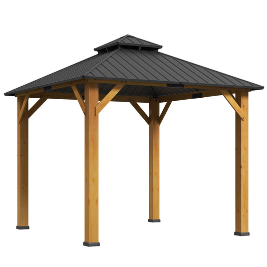 Photo of Outsunny 3x(3)M Outdoor Hardtop Gazebo Canopy with 2-Tier Roof and Solid Wood Frame, Outdoor Patio Shelter for Patio, Garden, Grey in Grey colour on a white background