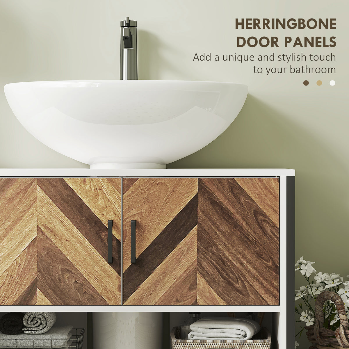 Close view of walnut herringbone cabinet doors with black handles beneath a basin