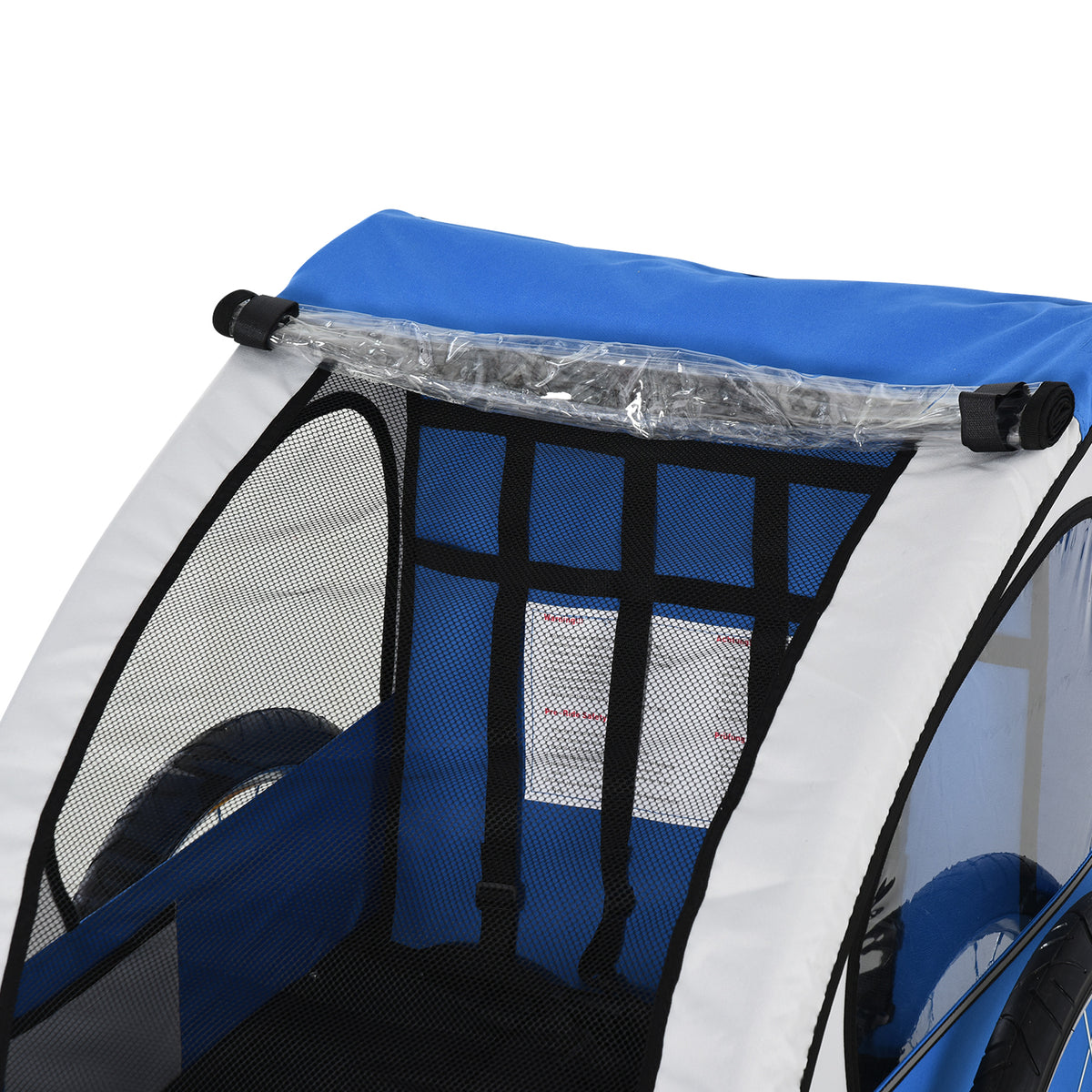 HOMCOM child bike trailer interior with mesh windows, clear weather flap and harness straps