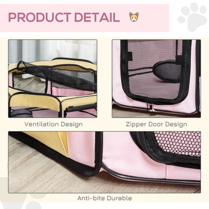 Pet playpen details showing mesh ventilation, zippered door, and reinforced fabric base