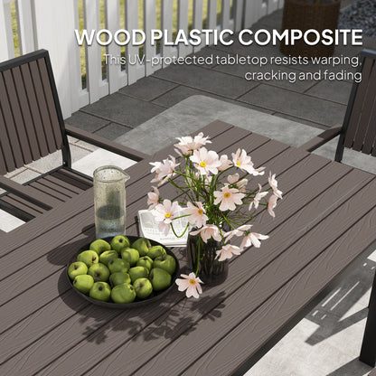 Outsunny dining set detail showing the brown wood-plastic composite tabletop