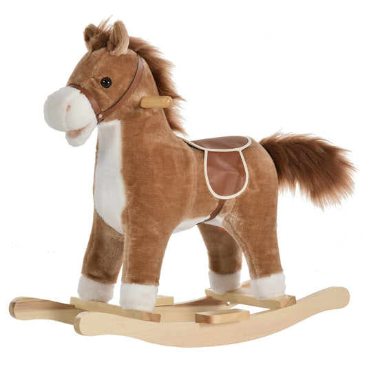 Photo of HOMCOM Kids Classic Rocking Horse, with Moving Mouth, Neighing Sounds, Brown in Brown colour on a white background