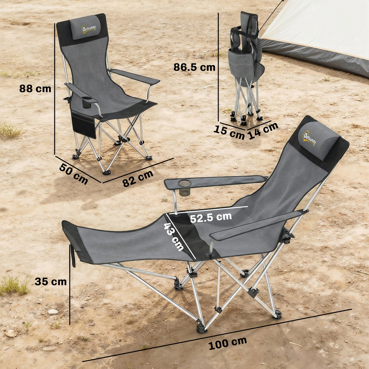 Outsunny Set of 2 Reclining Folding Camping Chair w/ Detachable Footrest, Storage Bag, Cup Holder & Headrest, Lightweight Portable Camp Chair for Beach, Picnic, Grey and Black