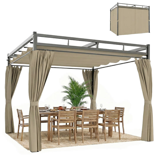 Photo of Outsunny 3 x 3 m Pergola with Retractable Roof Canopy and Curtains, UPF30+ Metal Frame Garden Pergola Gazebo Sun Shade, Khaki in Khaki colour on a white background