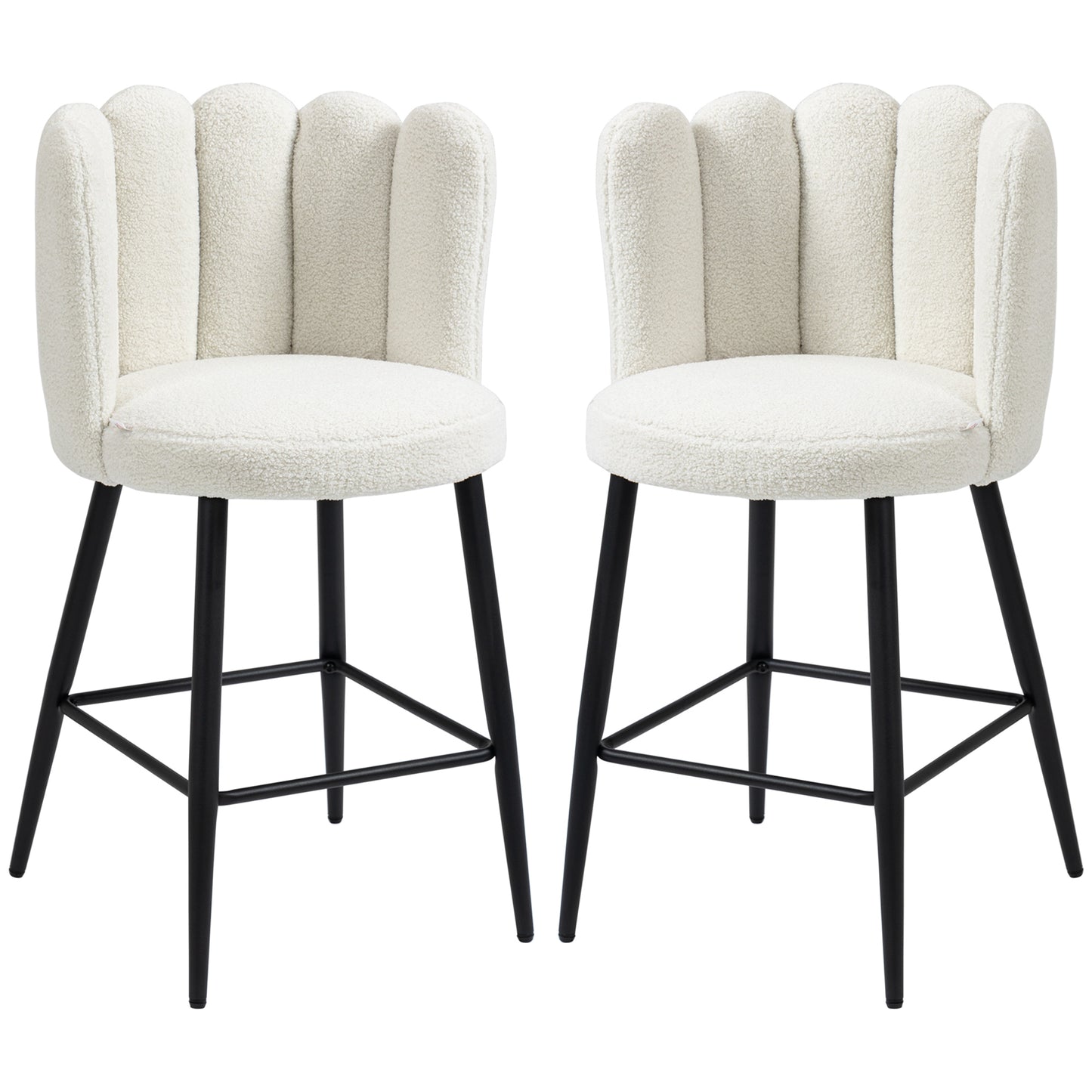 Photo of HOMCOM Bar Stools Set of 2, Modern Boucle Upholstered Shell Barstools, Breakfast Bar Chairs with Backrest, Footrest and Steel Base for Kitchen Counter, Cream in Cream colour on a white background