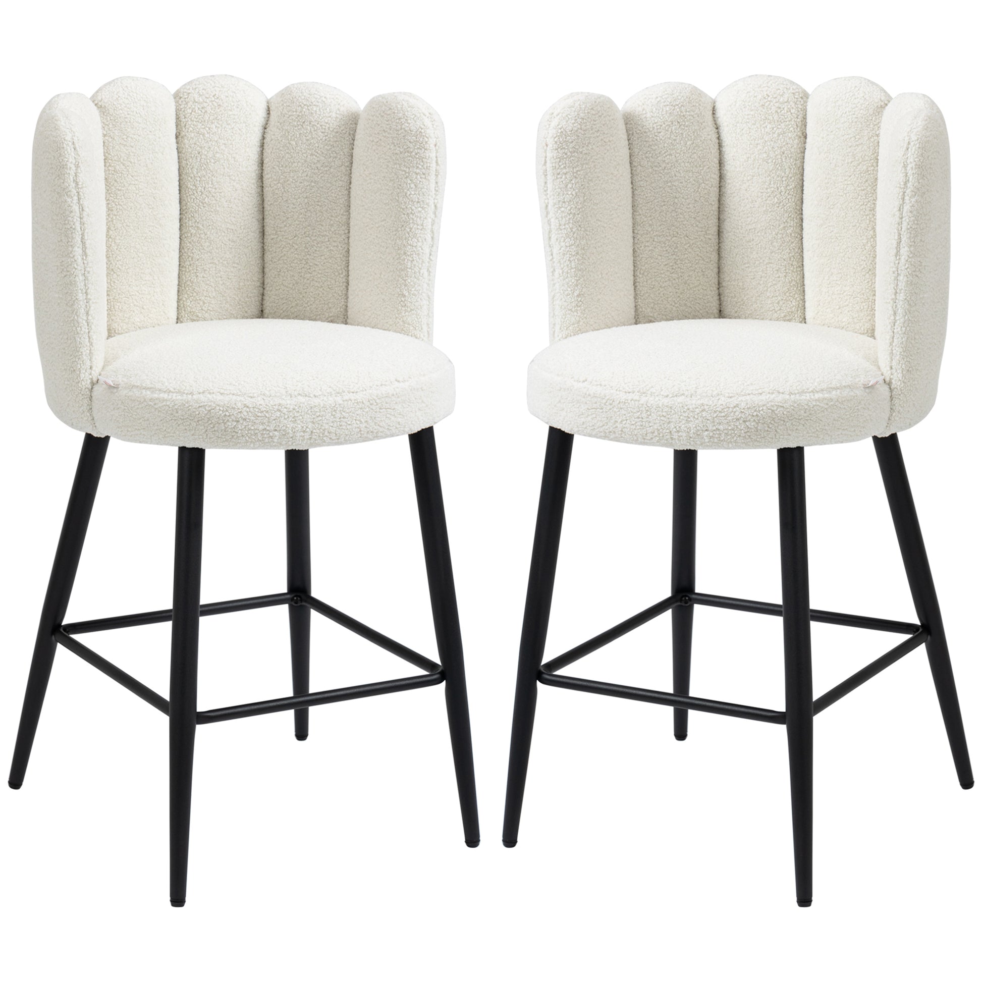 Photo of HOMCOM Bar Stools Set of 2, Modern Boucle Upholstered Shell Barstools, Breakfast Bar Chairs with Backrest, Footrest and Steel Base for Kitchen Counter, Cream in Cream colour on a white background