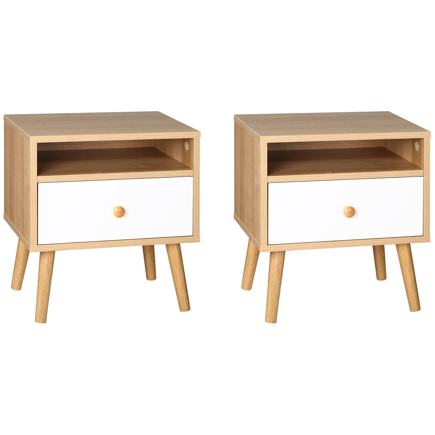 Photo of HOMCOM Bedside Table, Bedside Cabinet with Drawer and Shelf, Modern Nightstand, End Table for Living Room, Bedroom, Set of 2, Natural in Natural colour on a white background