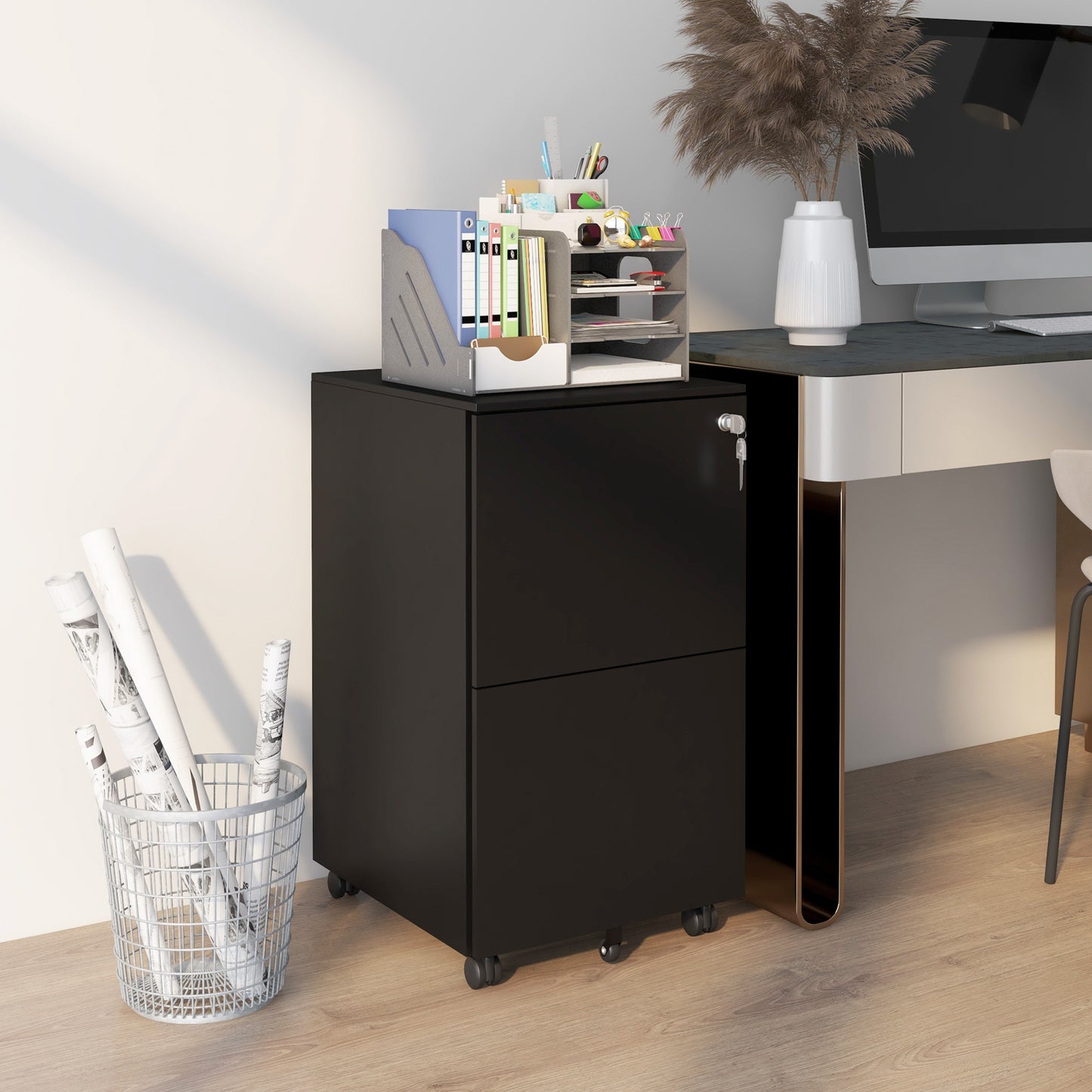 Vinsetto 2-Drawer Filing Cabinet with Lock and 5 Wheels, Steel Mobile File Cabinet, for A4, Legal and Letter Size, Pre-Assembled Body, Black