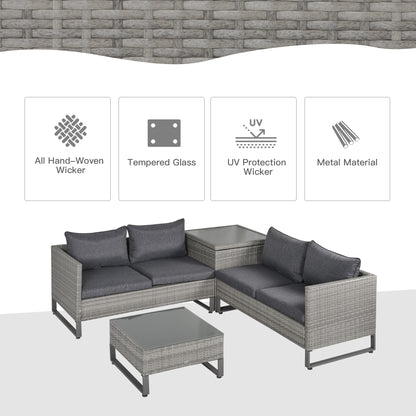 Gray rattan patio set with dark cushions and glass-top tables; woven wicker, tempered glass and metal frame