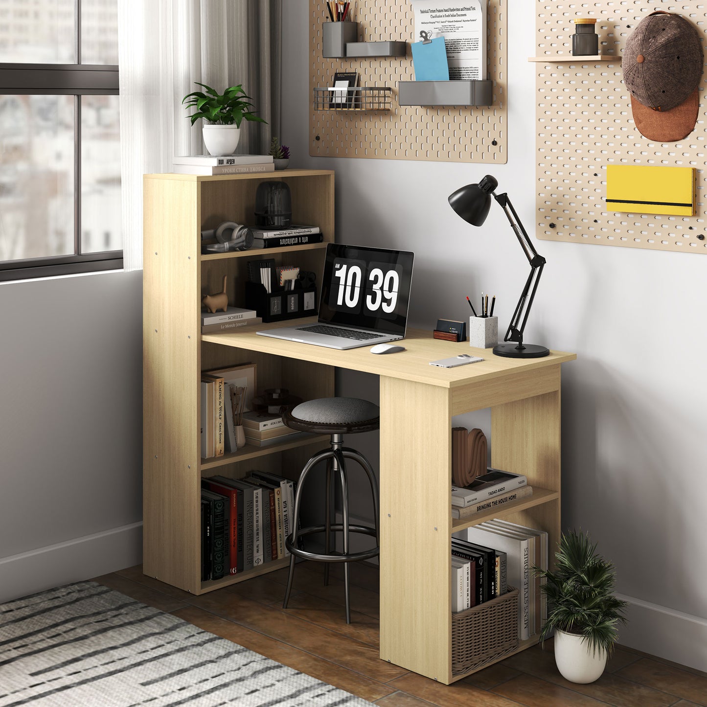 HOMCOM 120cm Computer Desk, Wooden PC Laptop Table with 6-Tier Storage Bookshelves, Home Office Working Study Desk, Writing Workstation, Natural Wood