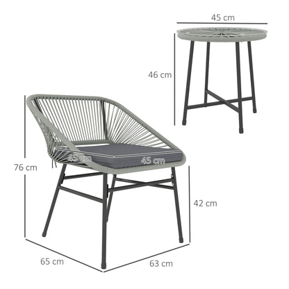 Wicker bistro chair and round table with dimensions marked