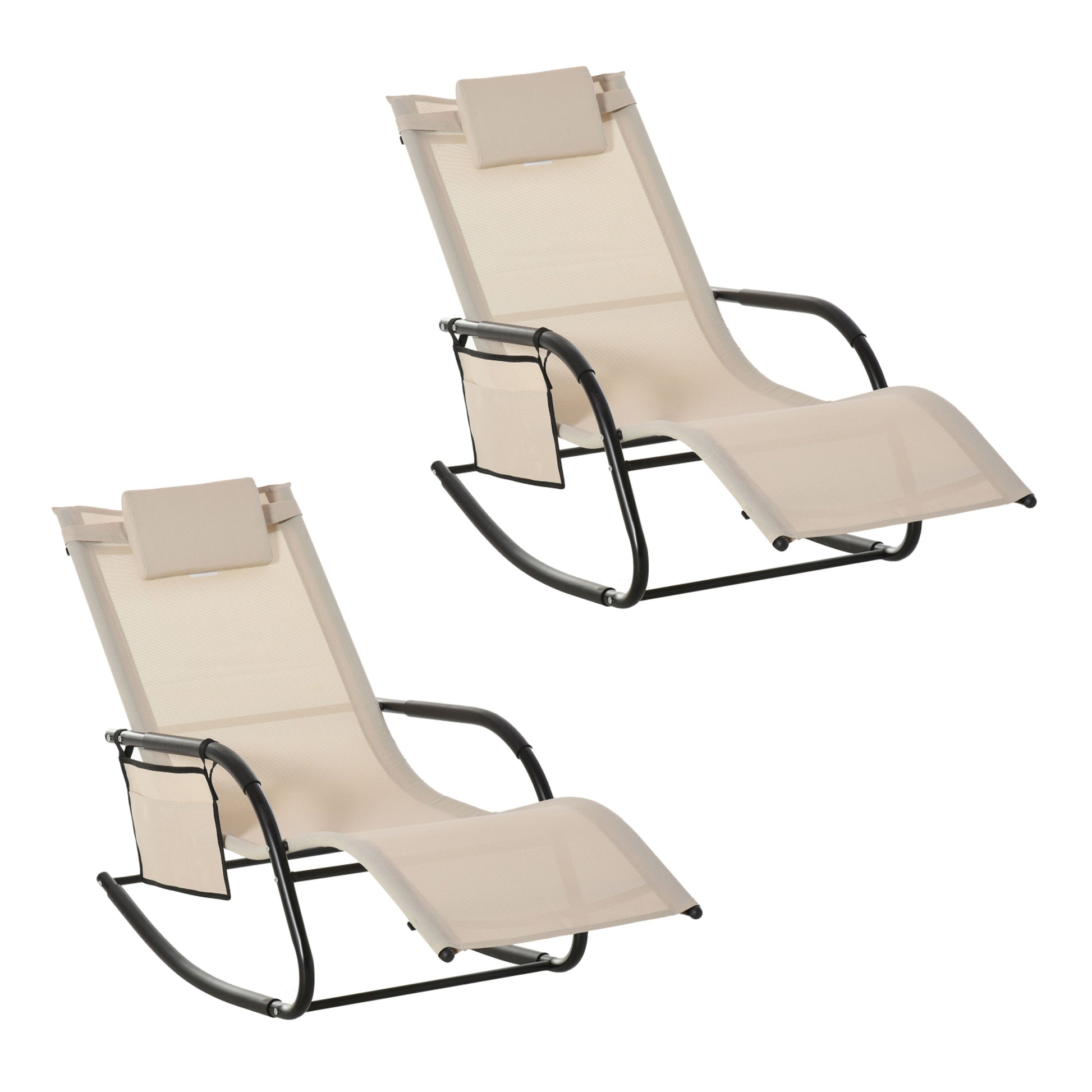 Photo of Outsunny 2PCs Outdoor Garden Rocking Chair, Patio Sun Lounger Rocker Chair with Breathable Mesh Fabric, Removable Headrest Pillow, Armrest, Side Storage Bag, Cream White in White colour on a white background