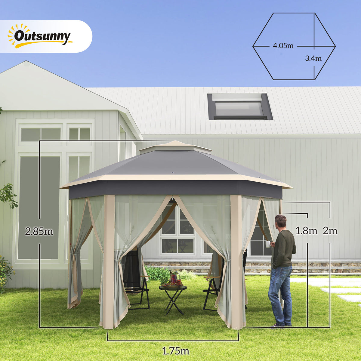 Hexagonal pop-up gazebo with mesh sides and double roof, shown with dimensions