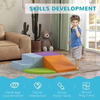 HOMCOM toddler foam play set arranged with blue steps, purple block, orange ramp, and green pad