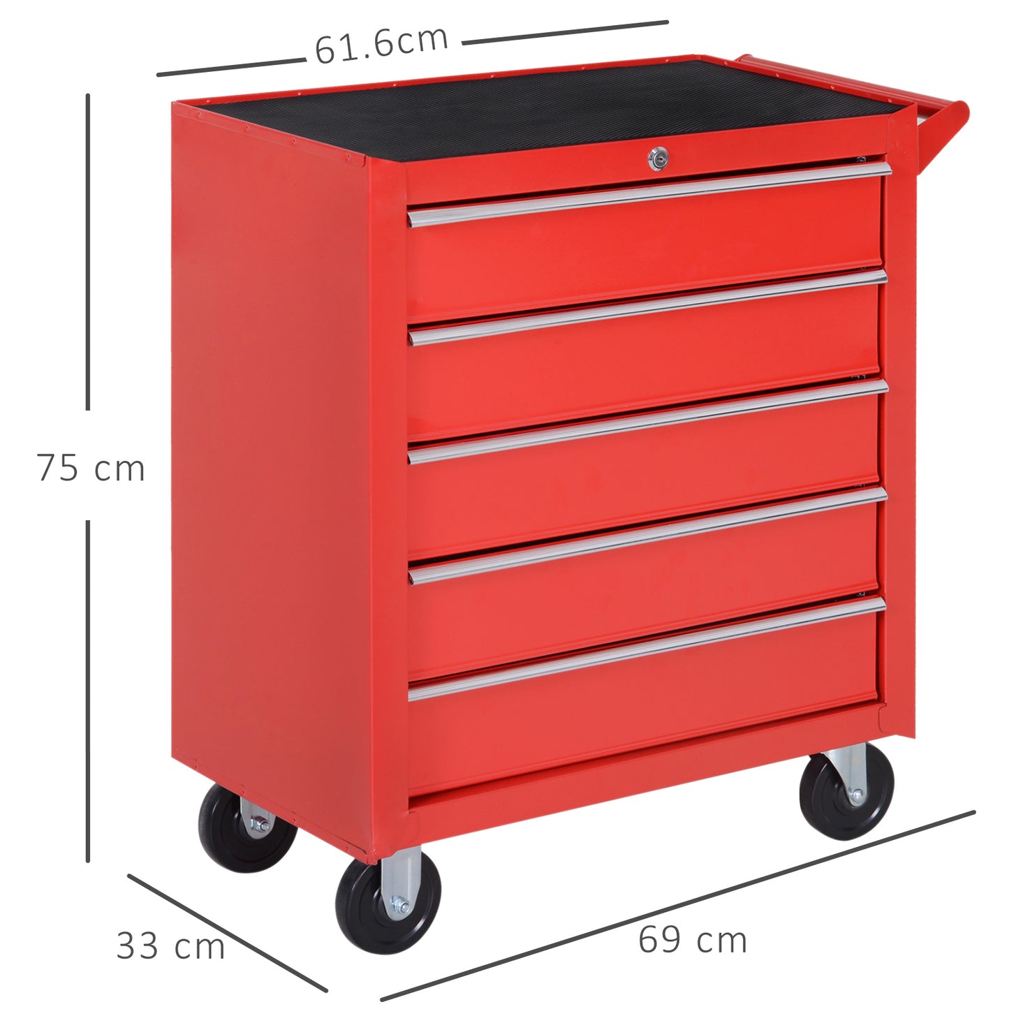 DURHAND 5-Drawer Lockable Tool Storage Cabinet with Wheels, Handle, 2 Keys, Steel Home Work DIY Workshop Chest, Garage Equipment Trolley, Red