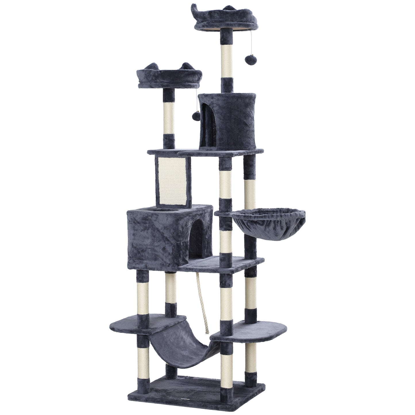Photo of PawHut 206cm Cat Tree, Multi-Level Cat Tower with Scratching Posts and Board, Beds, Condos, Platforms, Toy Balls, Dark Grey in Grey colour on a white background