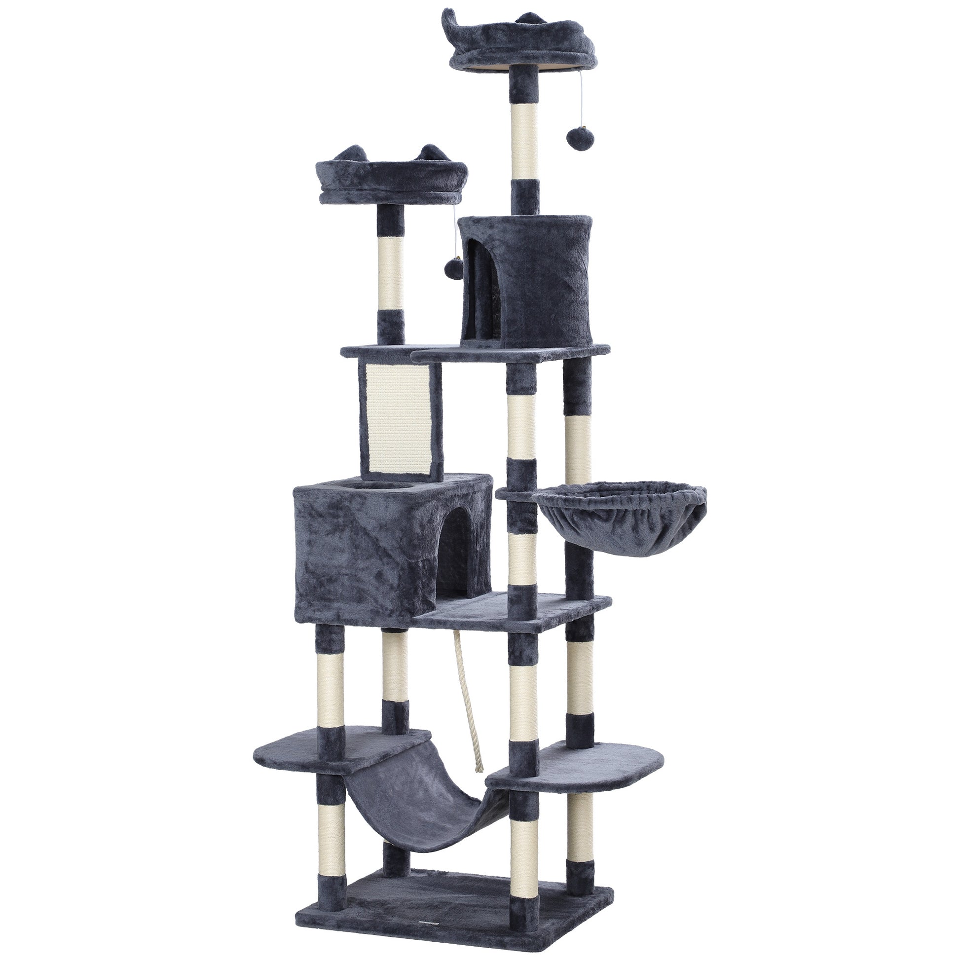 Photo of PawHut 206cm Cat Tree, Multi-Level Cat Tower with Scratching Posts and Board, Beds, Condos, Platforms, Toy Balls, Dark Grey in Grey colour on a white background