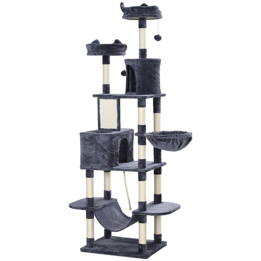 Photo of PawHut 206cm Cat Tree, Multi-Level Cat Tower with Scratching Posts and Board, Beds, Condos, Platforms, Toy Balls, Dark Grey in Grey colour on a white background