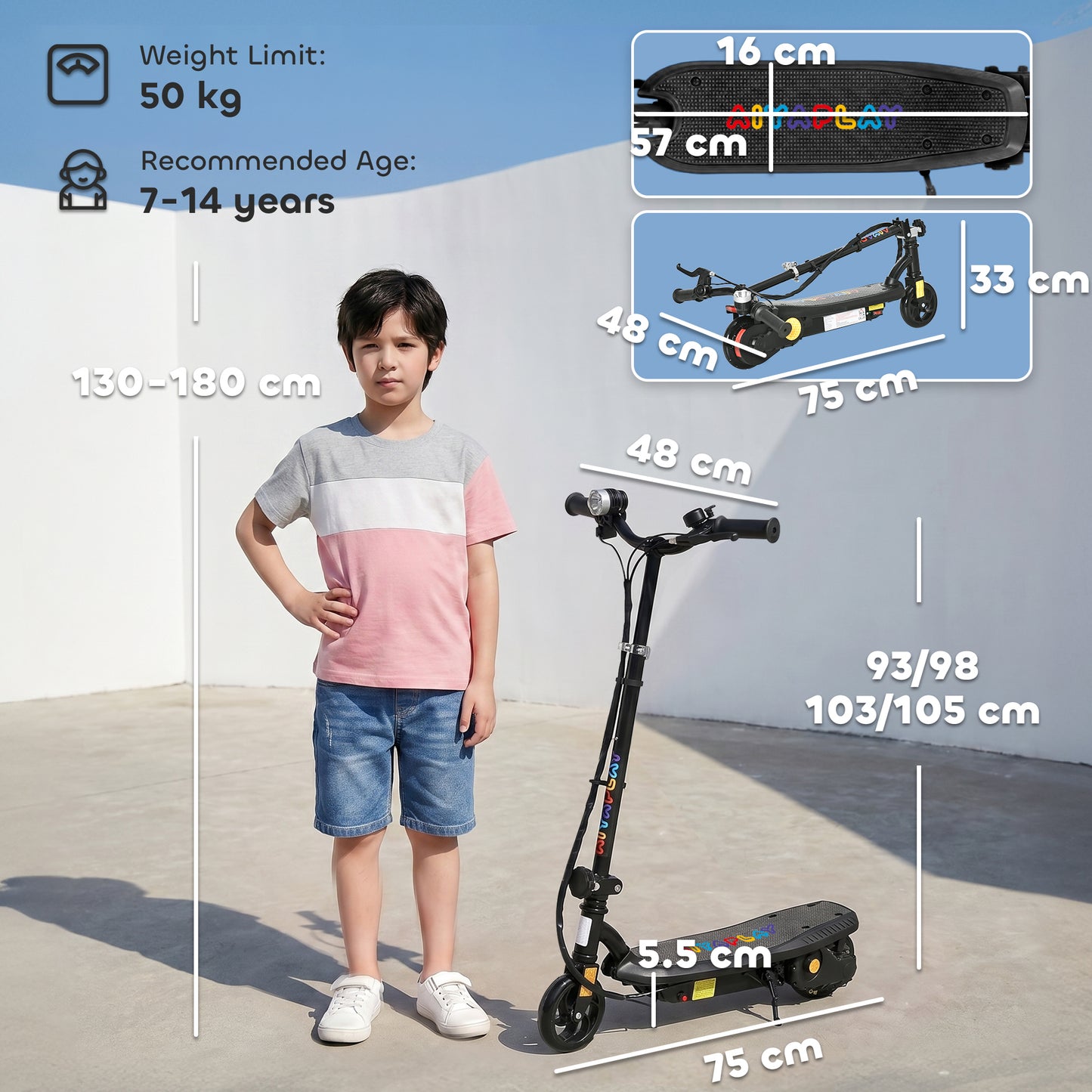 HOMCOM Foldable Electric Scooter, with LED Lights, for Ages 7-14 Years, Black