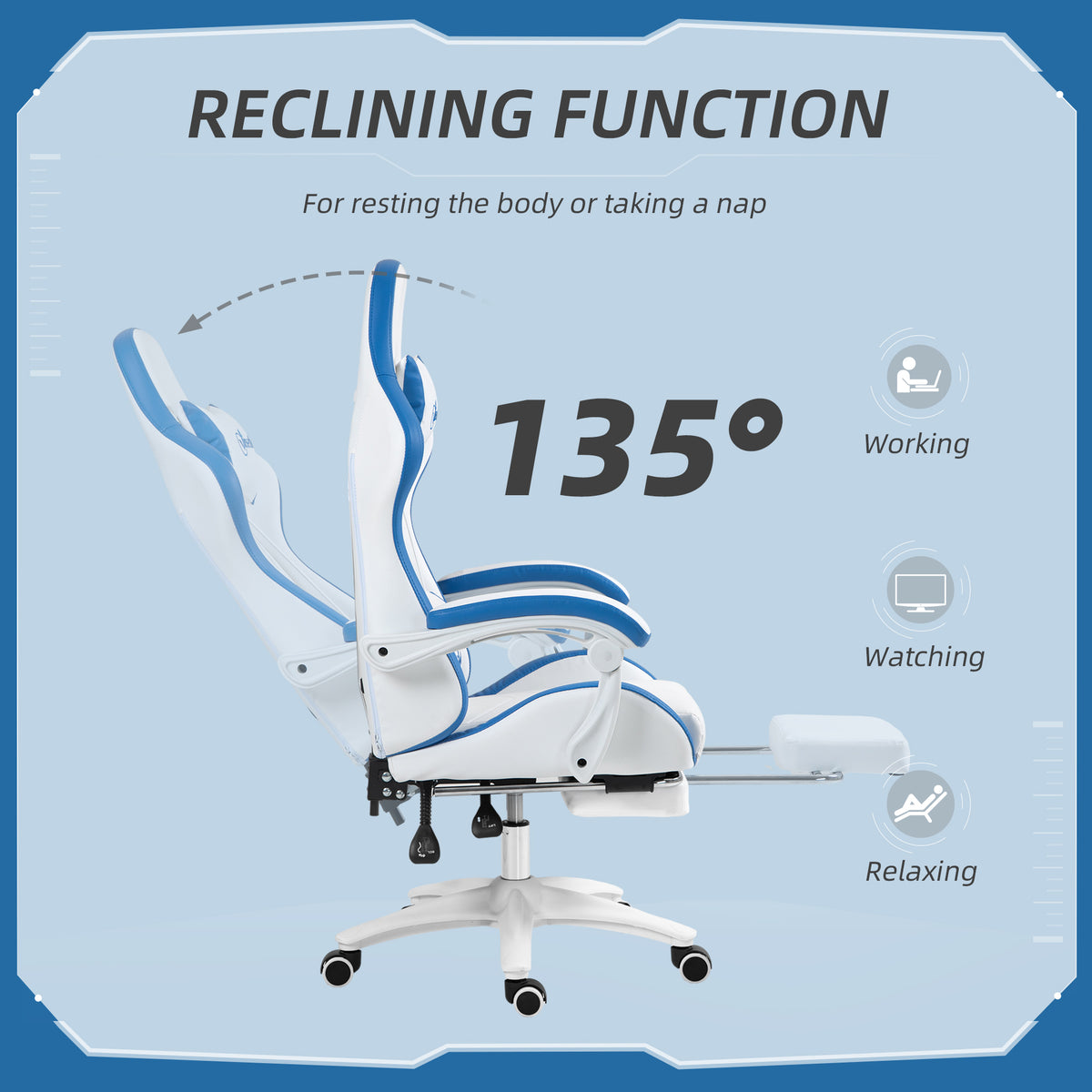 Vinsetto Gaming Chair, Computer Gamer Chair with Reclining High Back, Headrest, Lumbar Support, Footrest, Swivel Wheels, PU Leather, Adjustable Height for Home, White and Blue