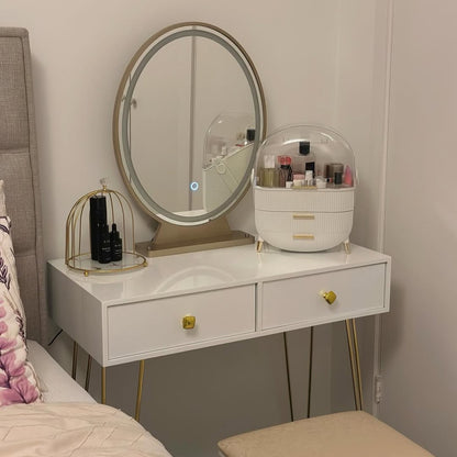 White vanity table with oval LED mirror, two drawers, and cushioned stool