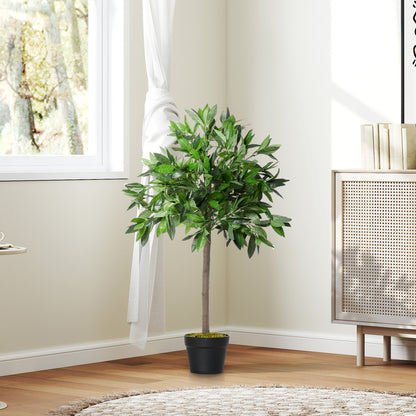 Artificial bay laurel topiary tree with a rounded leafy crown and black pot