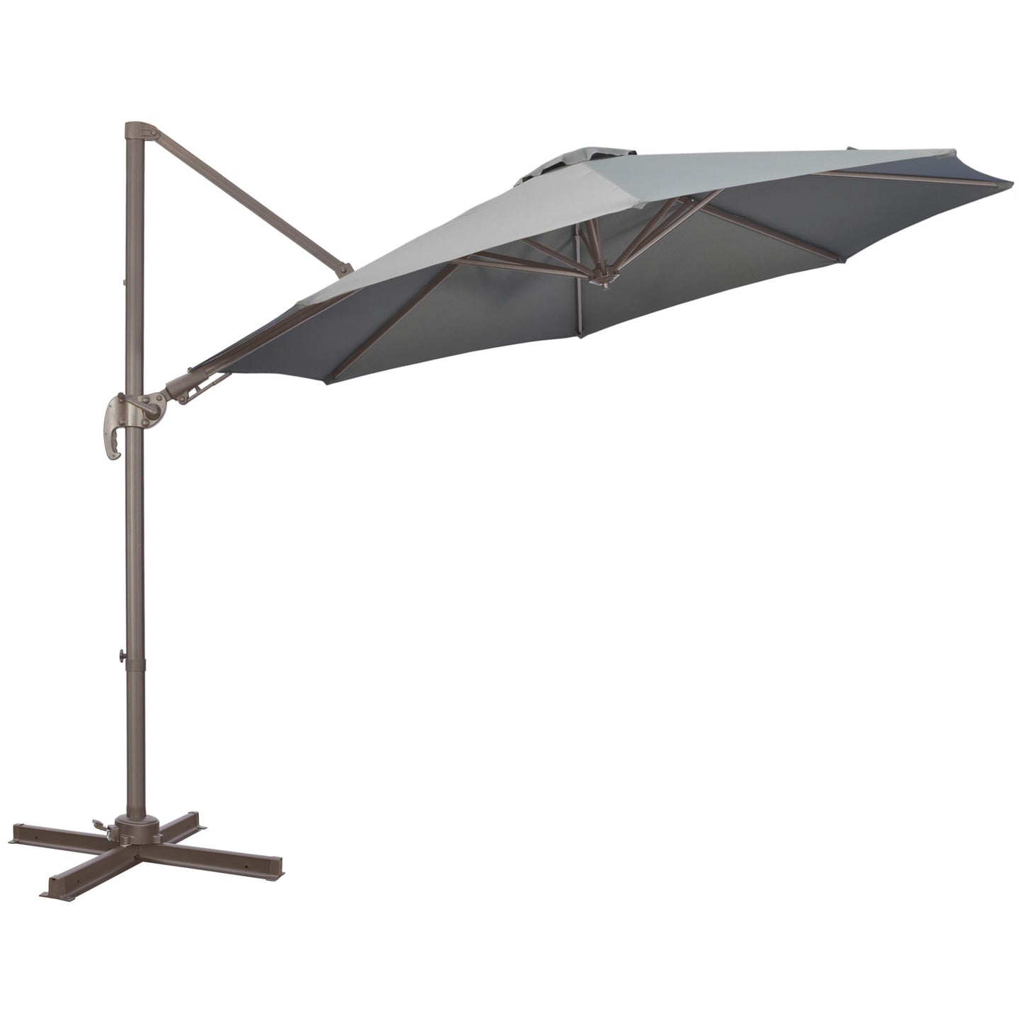 Photo of Outsunny 3(m) Cantilever Parasol 360° Rotation Roma Umbrella Hanging Sun Shade with Aluminium Frame, Tilt Crank, 8 Ribs and Cross Base, Dark Grey in Grey colour on a white background