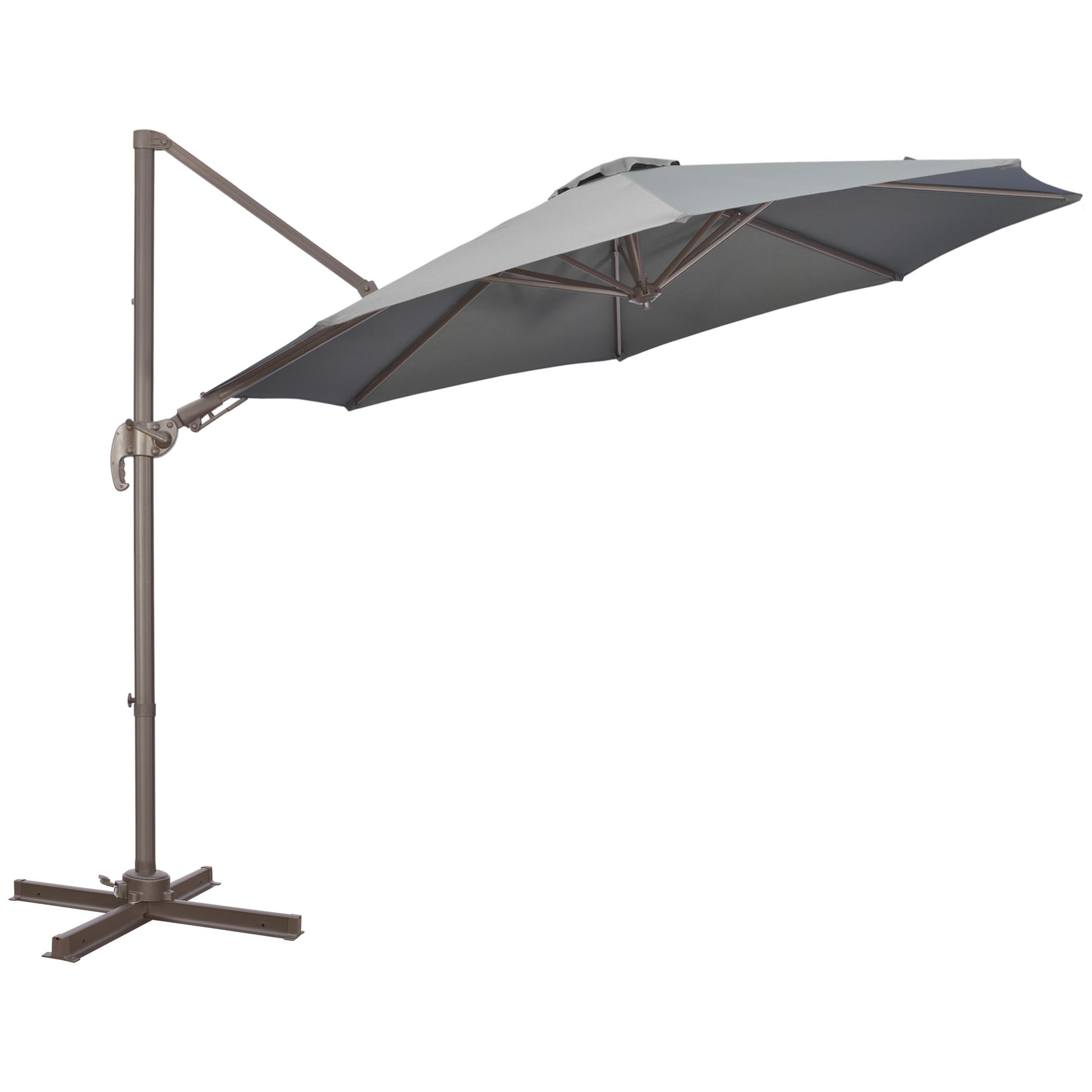 Photo of Outsunny 3(m) Cantilever Parasol 360° Rotation Roma Umbrella Hanging Sun Shade with Aluminium Frame, Tilt Crank, 8 Ribs and Cross Base, Dark Grey in Grey colour on a white background