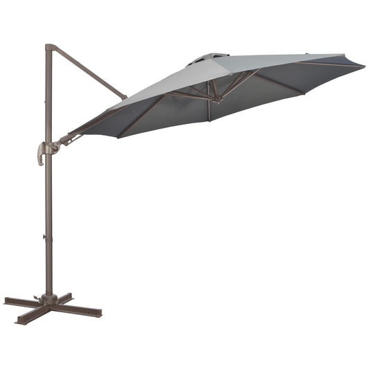 Photo of Outsunny 3(m) Cantilever Parasol 360° Rotation Roma Umbrella Hanging Sun Shade with Aluminium Frame, Tilt Crank, 8 Ribs and Cross Base, Dark Grey in Grey colour on a white background