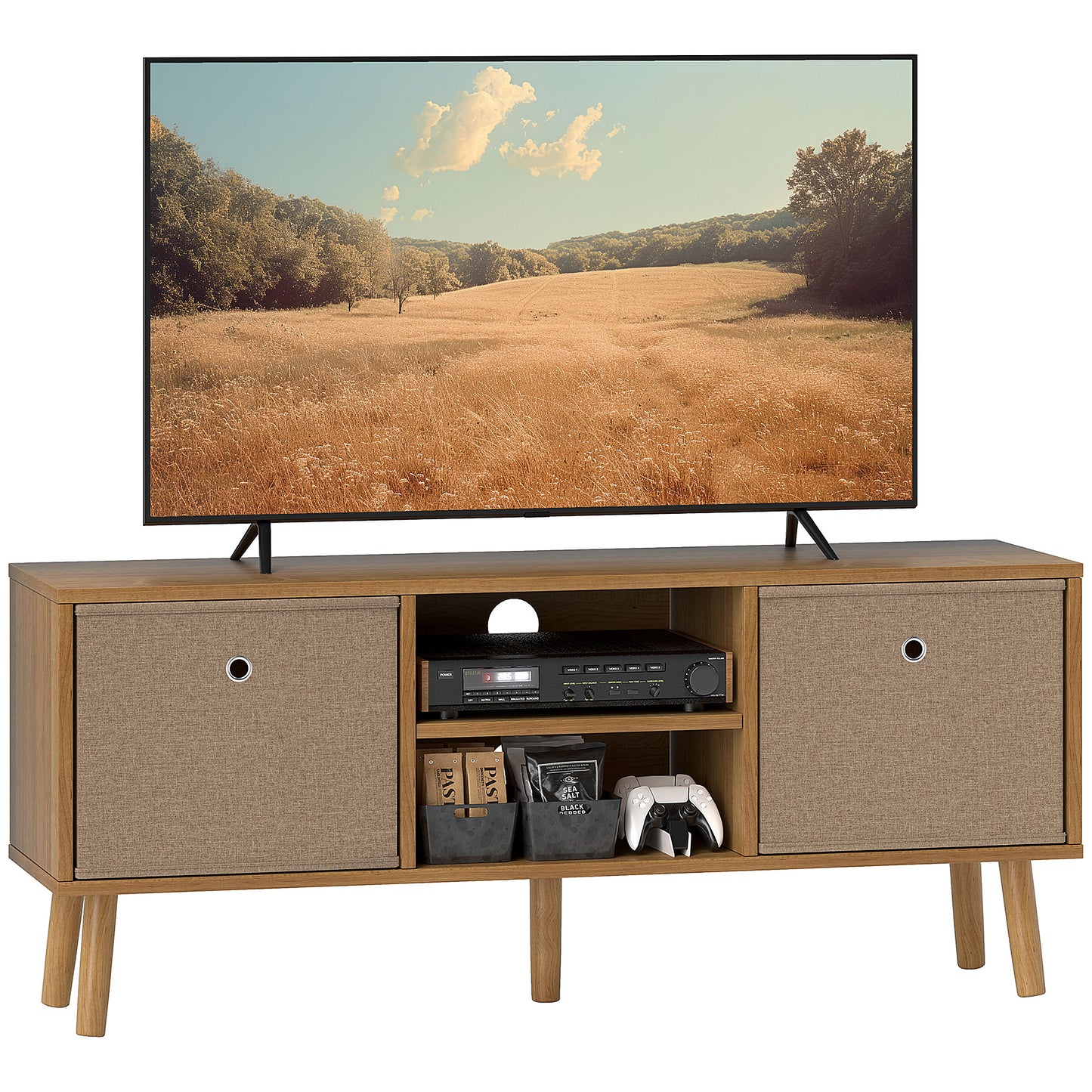 Photo of HOMCOM TV Cabinet Stand Unit for TVs up to 50'' with Foldable Drawers, Entertainment Centre for Living Room Brown in Brown colour on a white background