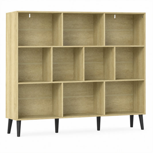 Photo of HOMCOM 10-Cube Bookcase, 3-Tier Book Shelf with Solid Wood Legs, 140 cm Modern Bookshelf with Anti-Tip Kit, Oak in Oak colour on a white background