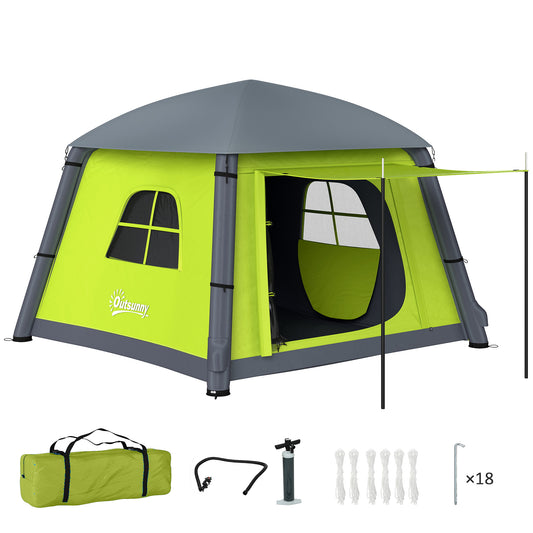 Photo of Outsunny Inflatable Camping Tent w/ Hand Pump, Easy Setup 1/2 Person Blow Up Tent Waterproof 190T Taffeta w/ Mesh Windows, Doors and Carry Bag, Green in Green colour on a white background