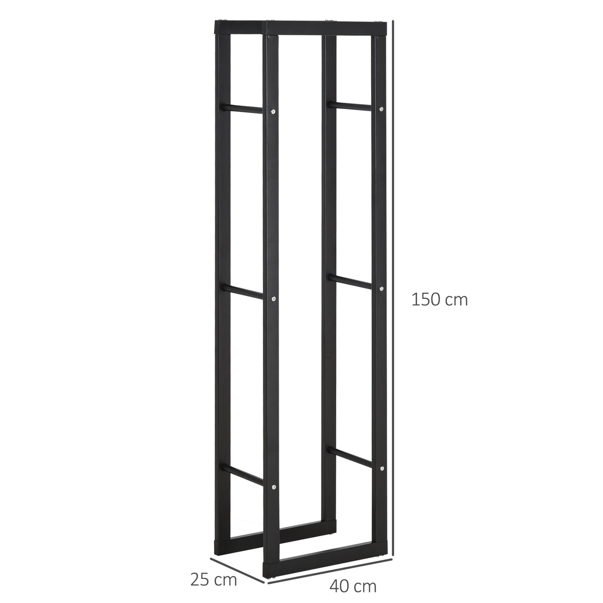 Tall black metal firewood rack with side rails and dimensions marked
