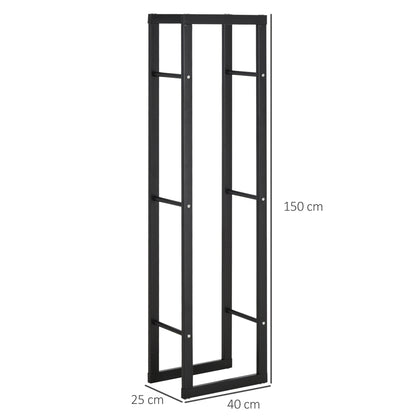 Tall black metal firewood rack with side rails and dimensions marked