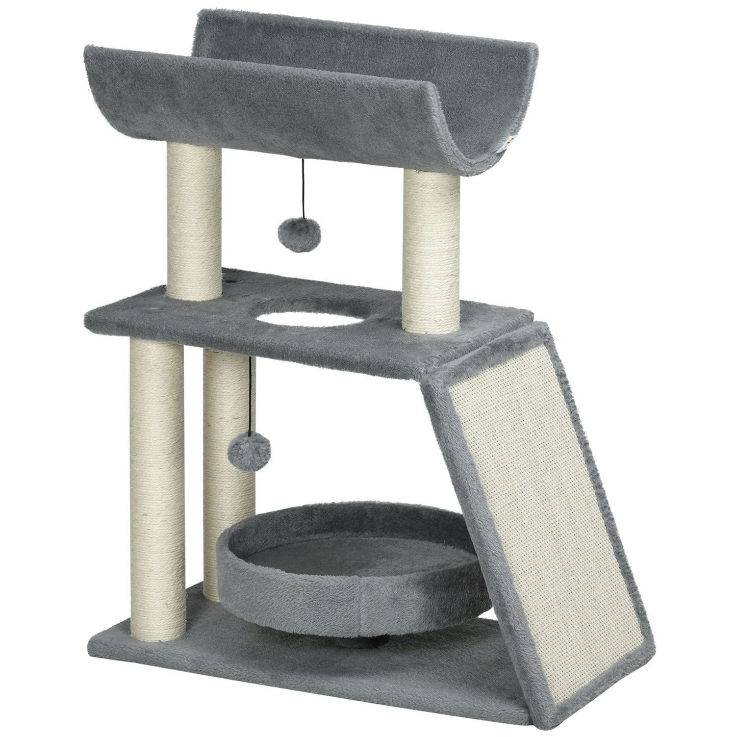 Photo of PawHut Cat Tree Tower, with Scratching Posts, Pad, Bed, Perch, Toy Ball - Light Grey in Grey colour on a white background