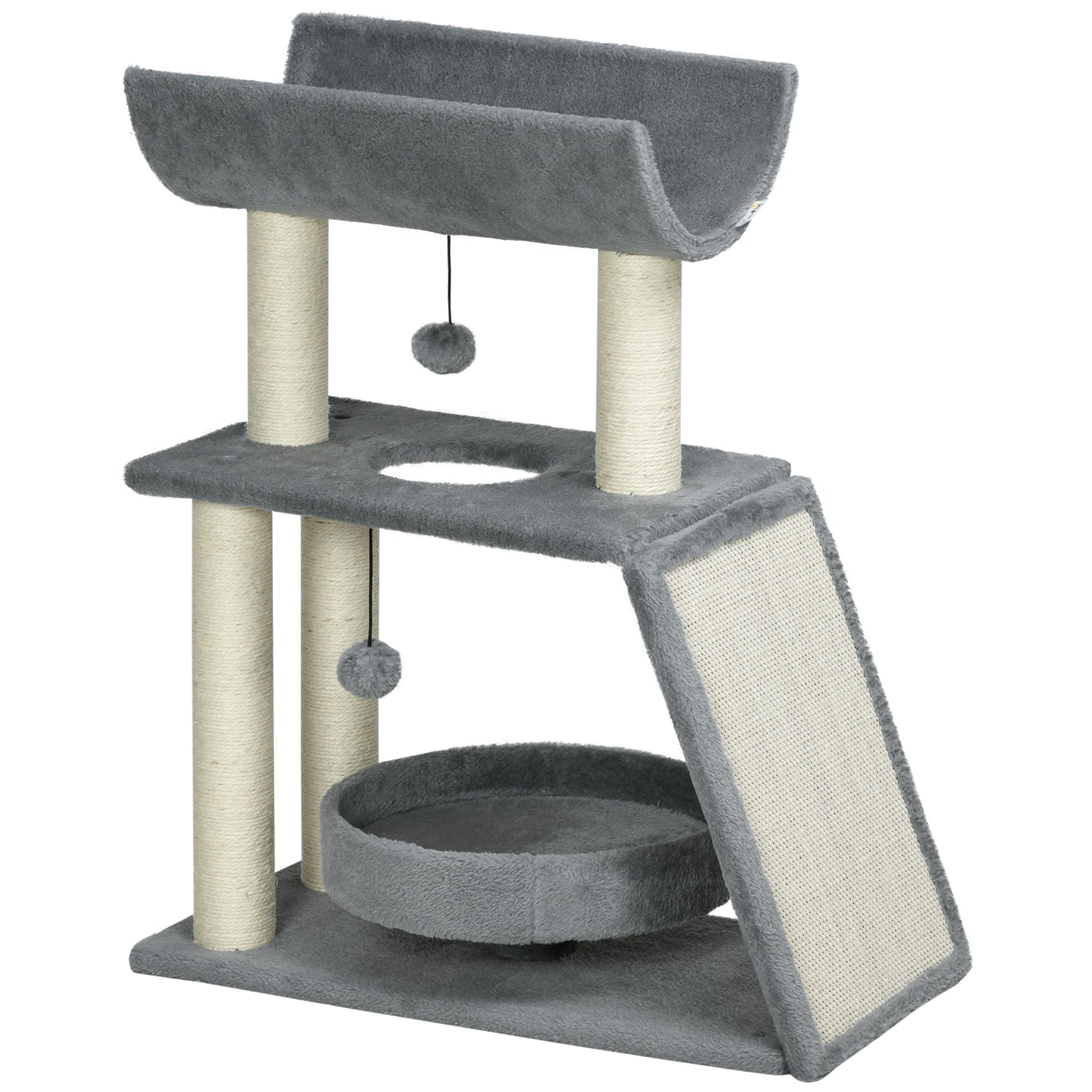 Photo of PawHut Cat Tree Tower, with Scratching Posts, Pad, Bed, Perch, Toy Ball - Light Grey in Grey colour on a white background