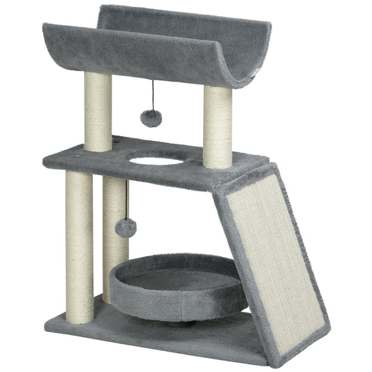 Photo of PawHut Cat Tree Tower, with Scratching Posts, Pad, Bed, Perch, Toy Ball - Light Grey in Grey colour on a white background